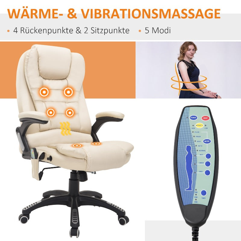 HOMCOM Massage Office Executive Chair with 6-Zone Massage & Heating, Ergonomic High Back Recliner with Adjustable Headrest, Lumbar Support, Height Adjustment, 360° Swivel & Sturdy Metal Base - Beige PU Leather for Home Offic