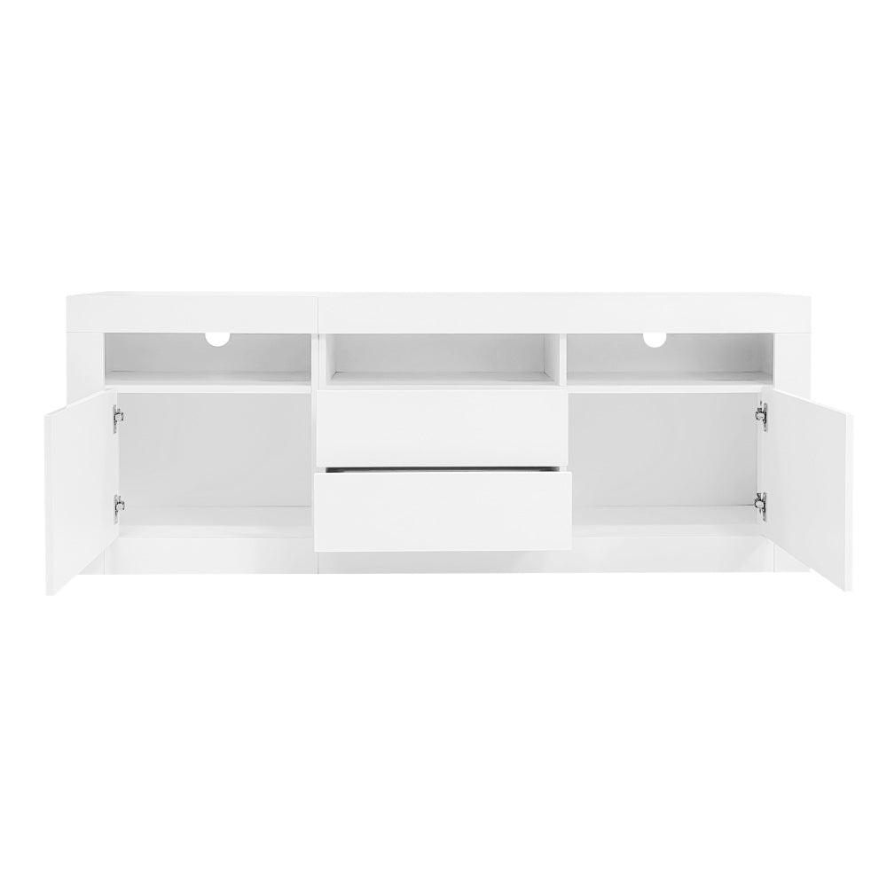 Modern High-Gloss Metal TV Stand for 70-Inch TVs with 3 Open Shelves, 2 Doors & 2 Drawers - Heavy-Duty Storage Entertainment Center, Minimalist Media Console for Living Room, Durable Metal Construction, Space-Saving Design, E