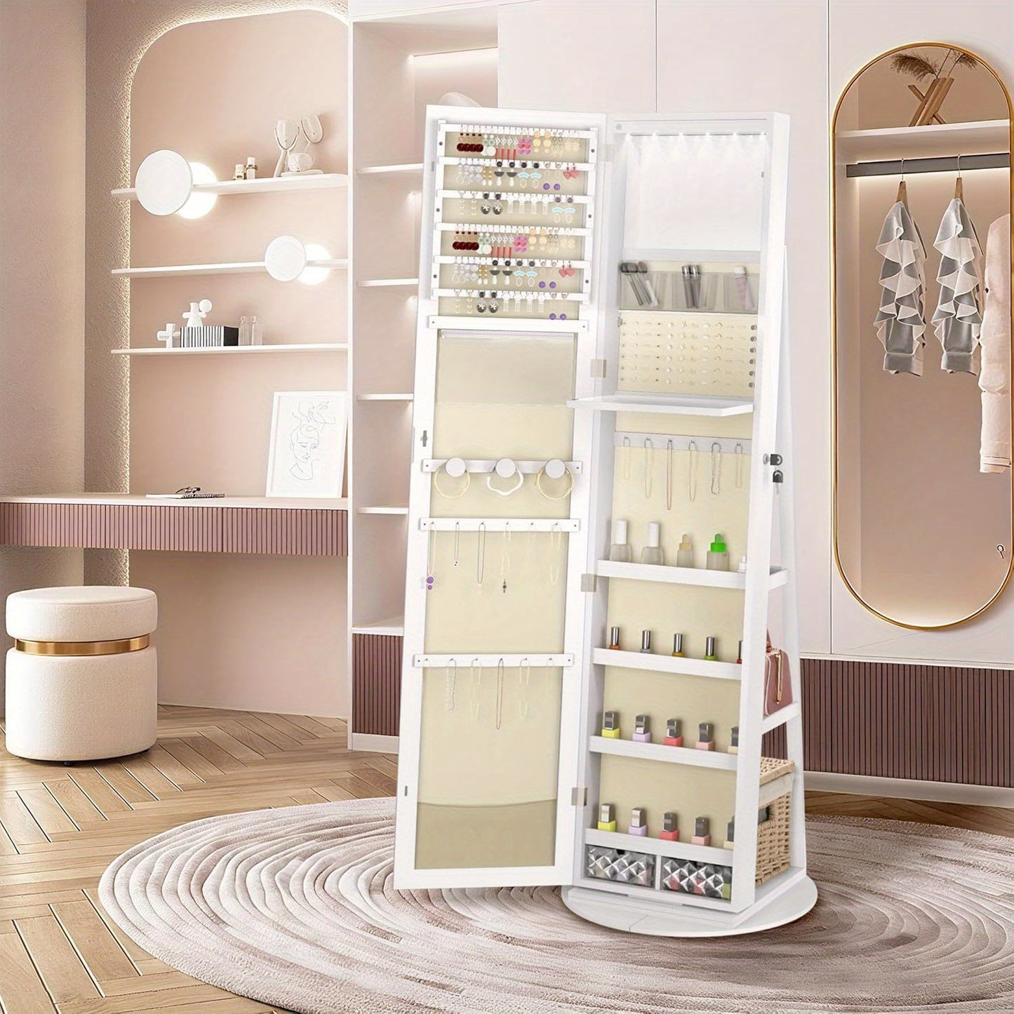 3-in-1 Sieradekast – Sieradenkast – Staande Spiegelkast – Draaibare Spiegel – Opbergrek Sieraden – 360° Draaibaar – Afsluitbaar Met Slot – Wit – 161 x 54,5 x 10 cm