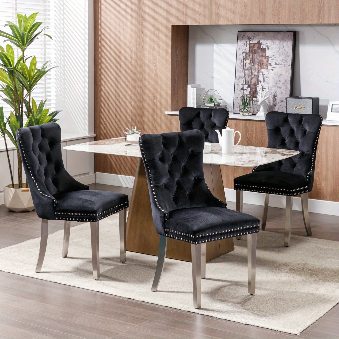 Set of 2 Modern Luxury Tufted Dining Chairs - Solid Wood Frame with Black Velvet Upholstery, Chrome Legs & Nailhead Trim, Plush Cushioned Seats with High Backrest & Curved Arms - Heavy-Duty Contemporary Design for Elegant Din