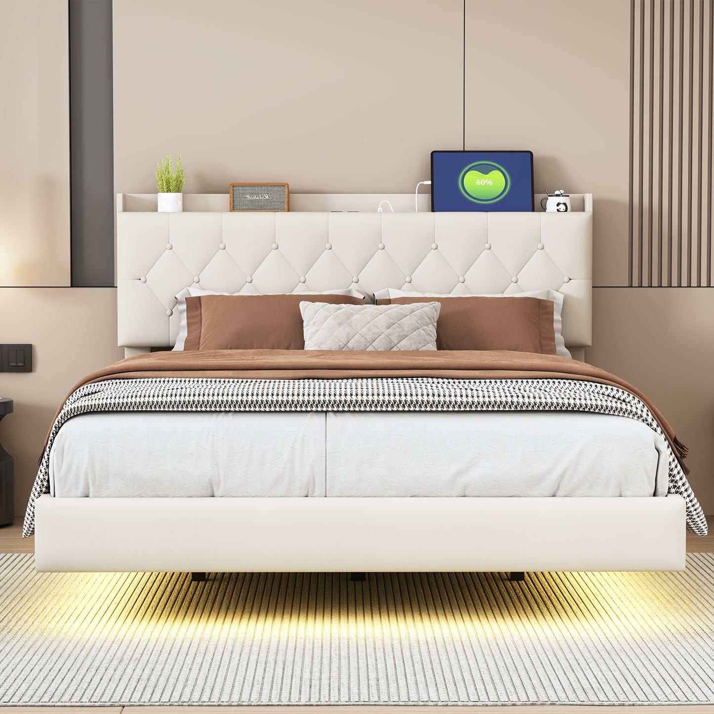 Tweepersoonsbed – Bed – Slaapbank – Ledikant – Logeerbed – Beige Kleur – Bamboe Materiaal – Stevige Lattenbodem