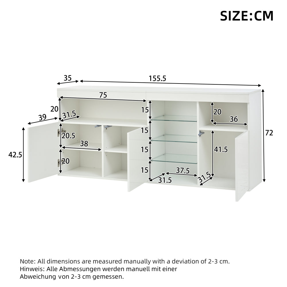Modern Minimalist Handle-Look-Free Cabinet Suitable for Small Spaces - 3-Door Glass Shelf Storage Unit, Metal Frame Contemporary Sideboard for Living Room, Dining Room, Sofa - Assembly, Wood-Free (Some Assembly Required)