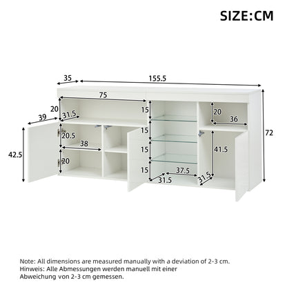 Modern Minimalist Handle-Look-Free Cabinet Suitable for Small Spaces - 3-Door Glass Shelf Storage Unit, Metal Frame Contemporary Sideboard for Living Room, Dining Room, Sofa - Assembly, Wood-Free (Some Assembly Required)