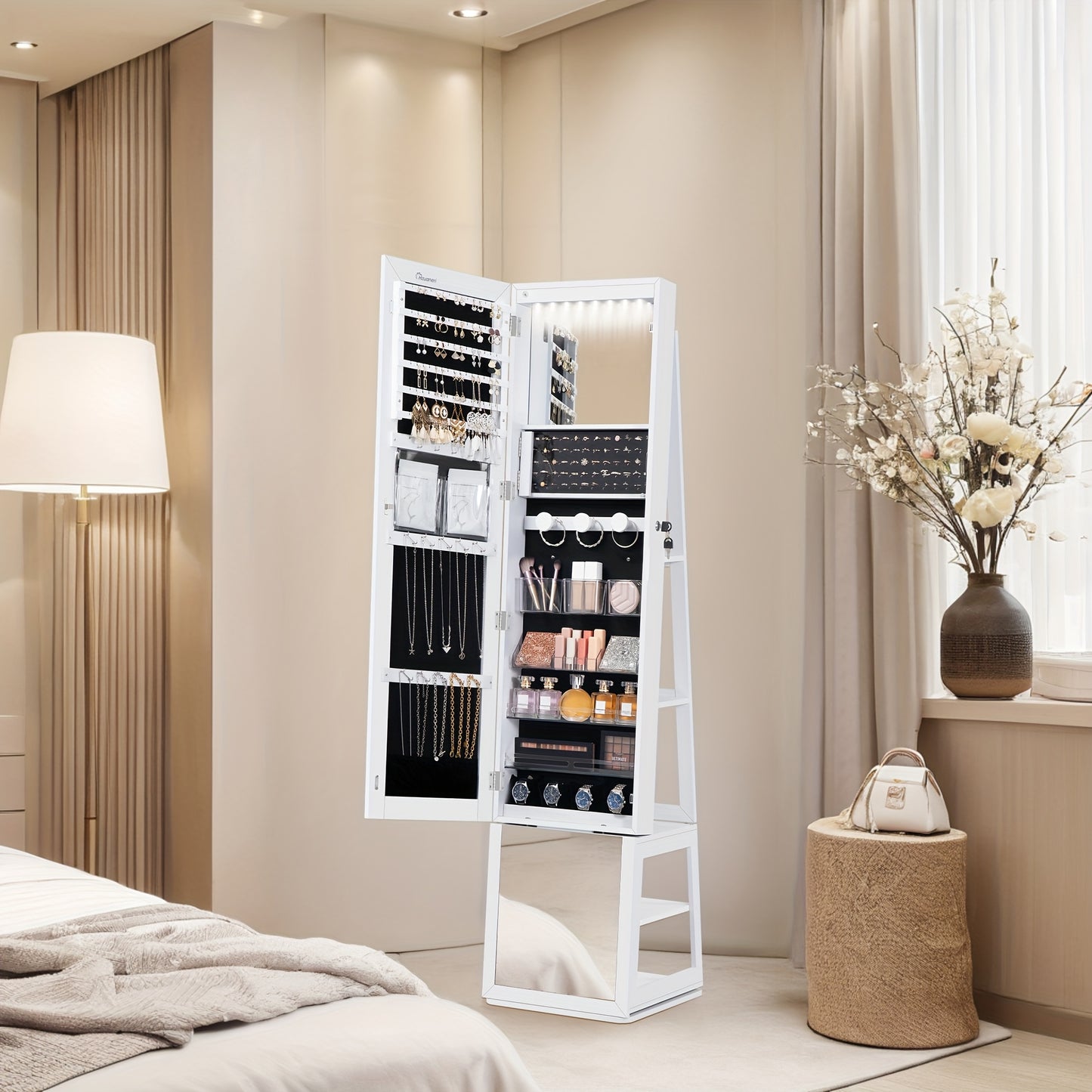 Sieradencabinet – Sieradenkast – Sieradenopberger – Make-up Organizer – Vloerspiegel Kast – Wit Beige – 360° Draaibare Spiegel – Afsluitbaar Met Sleutel