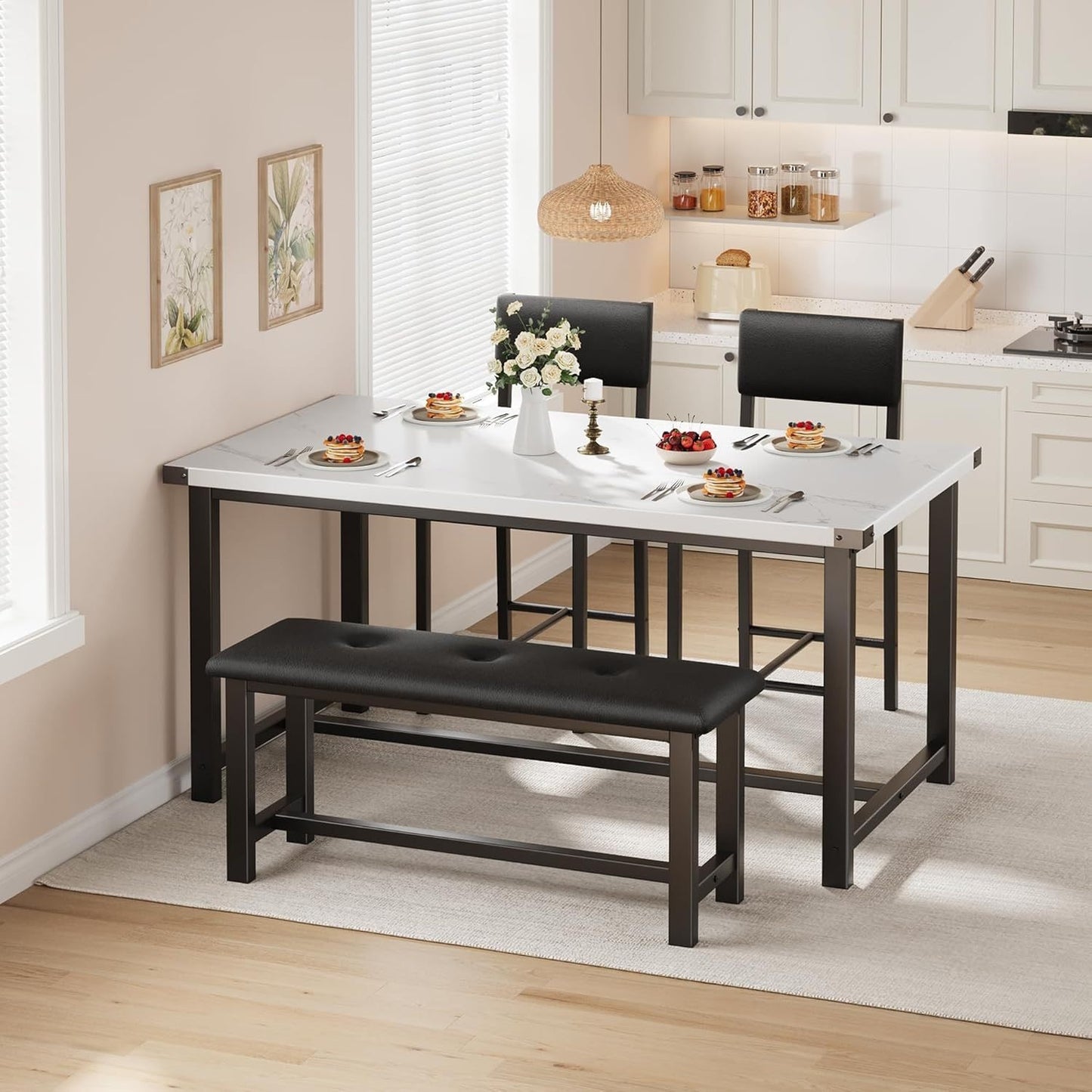 Eettafelset – Eettafel – Stoelenset – Bank – Tafel met Stoelen – Wit Kunstmarmer Blad – Compact 4-Zits – Duurzaam Houten Frame