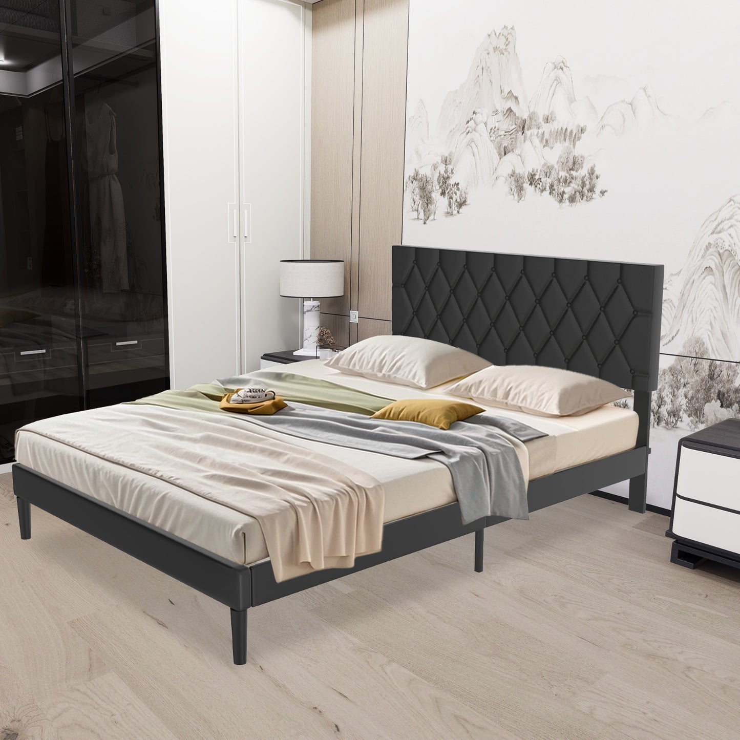 Gestoffeerd Ledikant – Bed – Bedframe – Slaapbank – Ledikant Zwart – Imitatieleren Bekleding – 90x200 Cm – Houten Lattenbodem – Modern Design