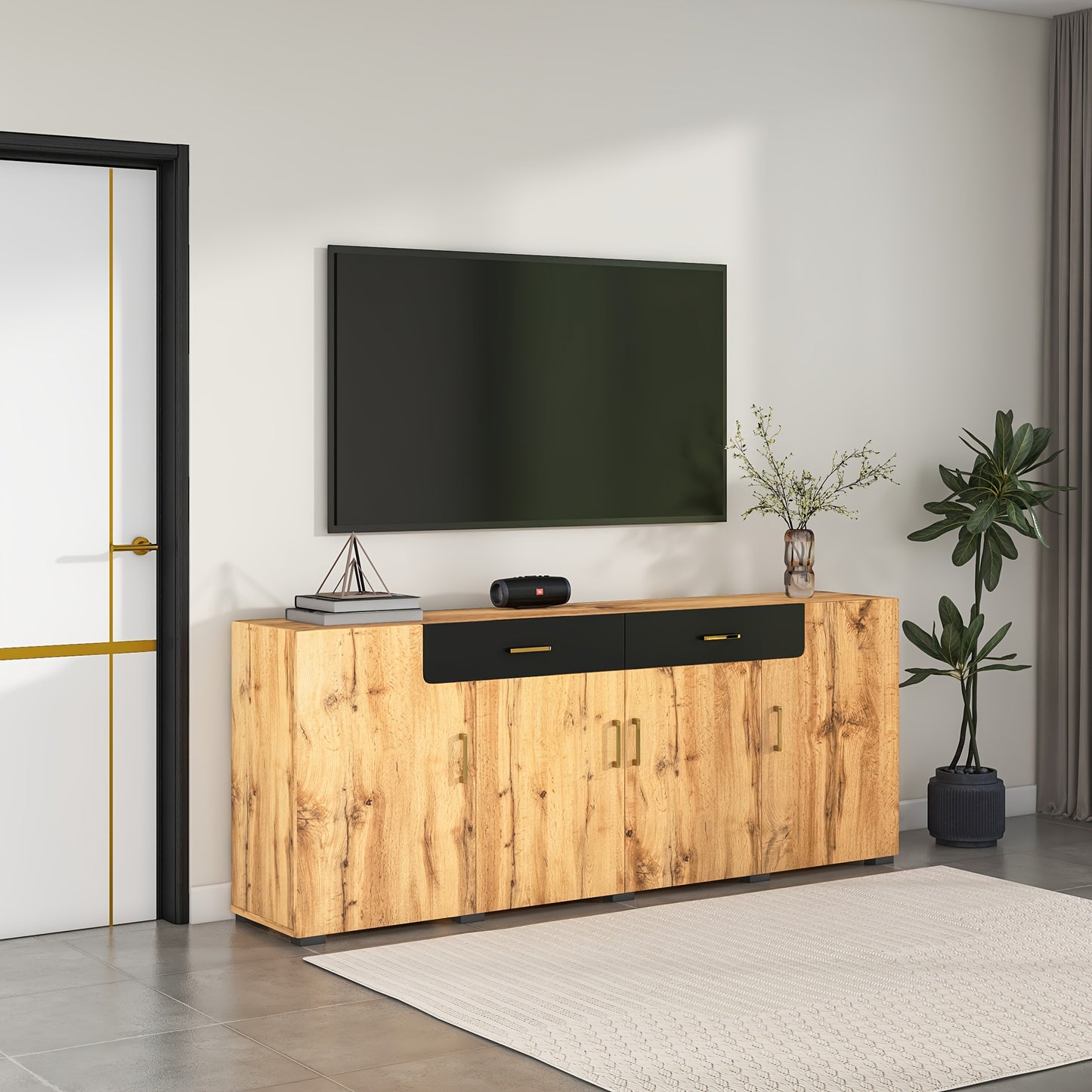 Dressoir – Opbergkast – Ladekast – Buffetkast – Kast – Hout – 208x39,5x80 cm – 4 Deuren en 2 Laden – Open Buffetgedeelte