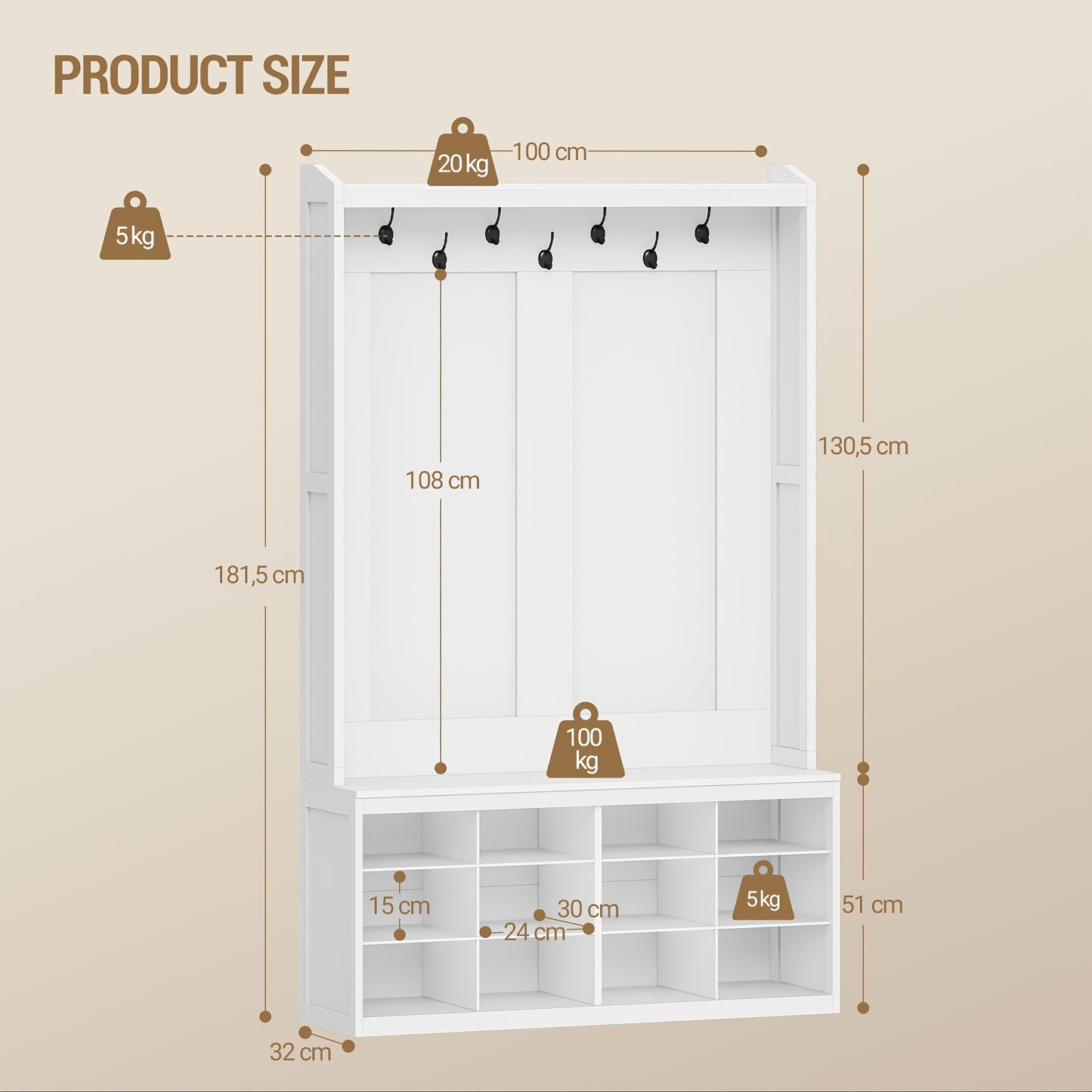 Kapstok – Wandkapstok – Garderobekast – Jassenrek – Schoenenkast – Wit – Vrijstaand – 7 Dubbele Haken & 12 Schoenenvakken – Compact 32x100x181,5 cm