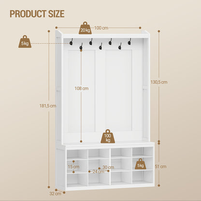 Kapstok – Wandkapstok – Garderobekast – Jassenrek – Schoenenkast – Wit – Vrijstaand – 7 Dubbele Haken & 12 Schoenenvakken – Compact 32x100x181,5 cm