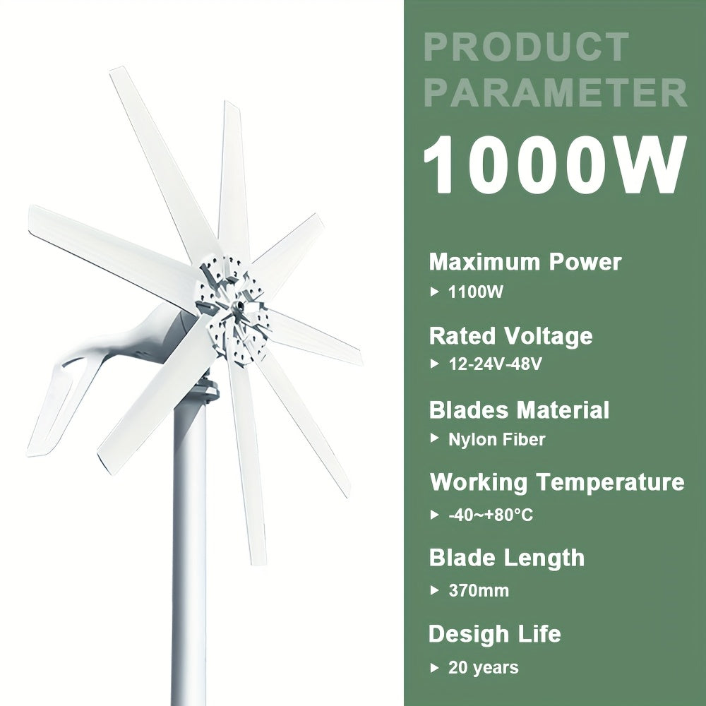 Windturbine – Windmolen – Windgenerator – Windenergie – Off-Grid Generator – 1000W Vermogen – Draagbaar – Stil – Laag Startwindvermogen – Robuuste Metalen Behuizing – Geschikt voor 12V/24V/48V Systemen