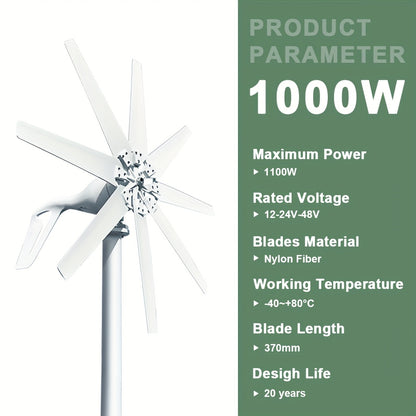 Windturbine – Windmolen – Windgenerator – Windenergie – Off-Grid Generator – 1000W Vermogen – Draagbaar – Stil – Laag Startwindvermogen – Robuuste Metalen Behuizing – Geschikt voor 12V/24V/48V Systemen