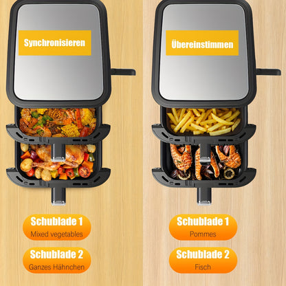 Airfryer – Heteluchtfriteuse – Dubbele Mand – Dubbele Lade – XXL Heteluchtoven – 11L Capaciteit – Verticaal Stapelbaar – PFAS-vrij – 2800W – 10 Kookprogramma’s – Sync & Match Functie