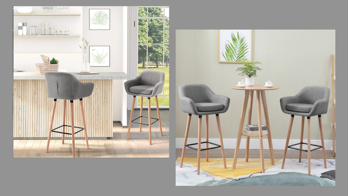 Barstoel – Barkruk – Kruk – Barstoel Met Rugleuning – Barkruk Met Armleuningen – Scandinavisch Design – Comfortabel Linnen Zitting – Stevig Houten Onderstel Lichtgrijs