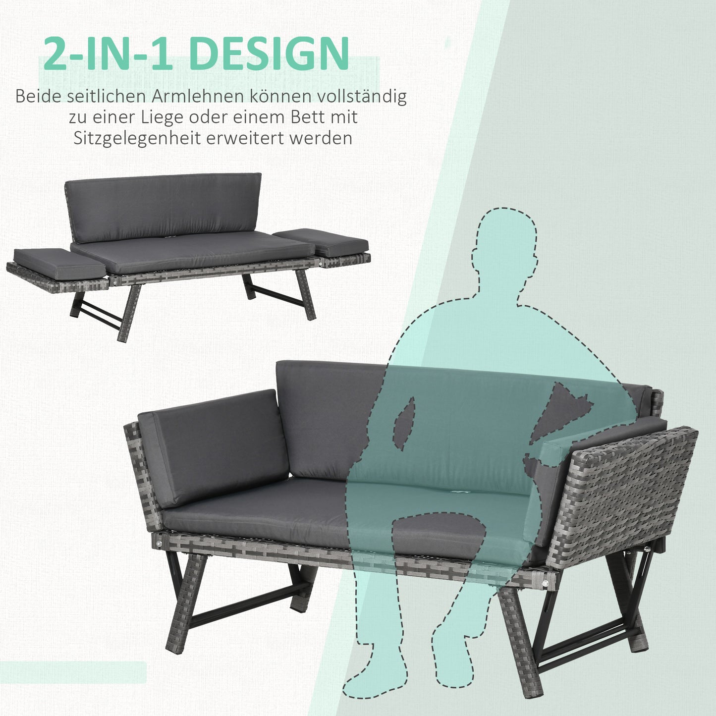 Loungeset – Tuinset – Tuinbank – Zitgroep – Loungesofa – Polyrotan – 2-Zits – Klapbare Armleuningen – Stalen Frame – Bruin – 129x63x67 cm