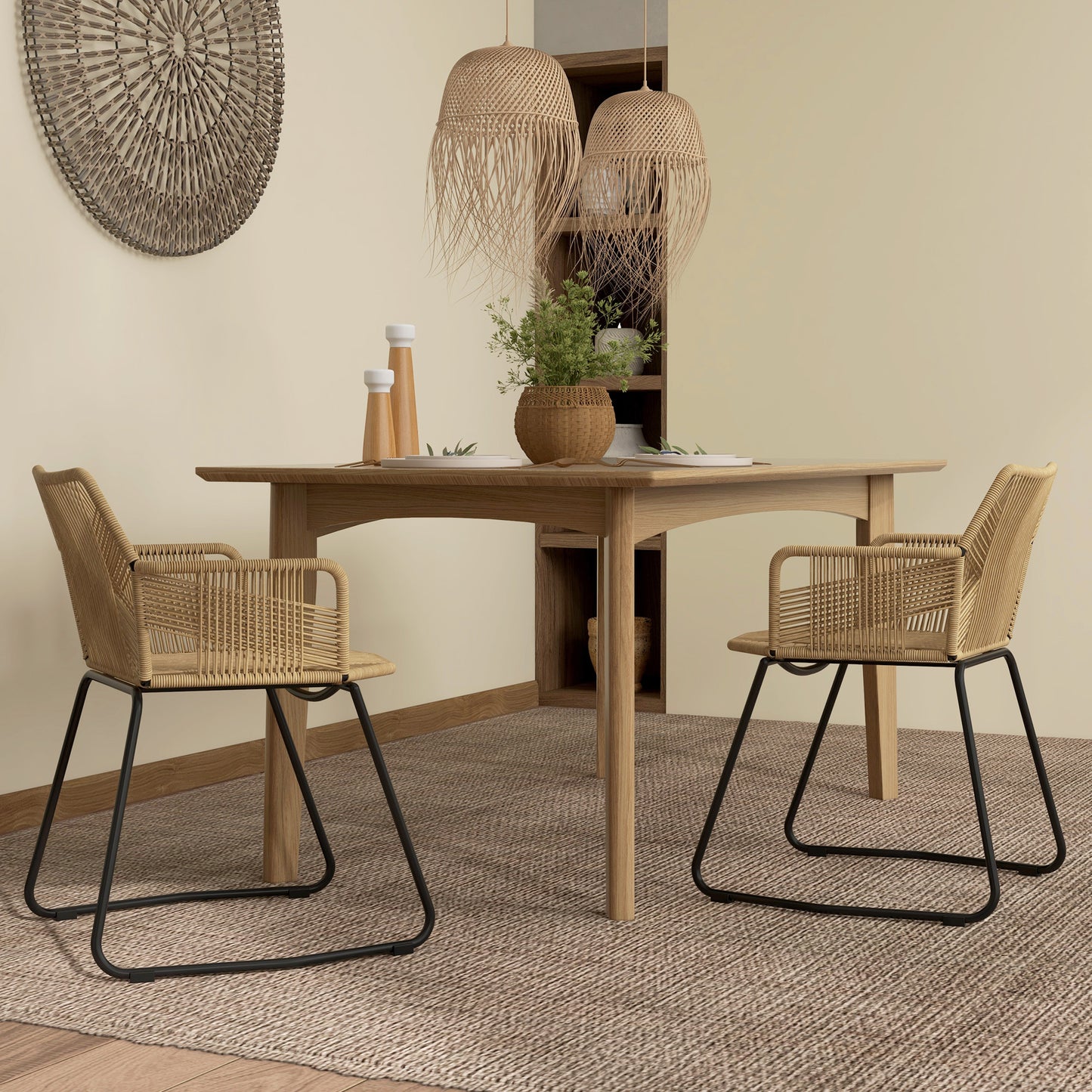 Eetkamerstoel – Keukenstoel – Rattanstoel – Bistrostoel – Stoel Met Stalen Onderstel – Bohemian Vintage Industrieel Design – Gevlochten Touw Zitting – Antislip Poten – 56x59x74 cm – Set Van 2