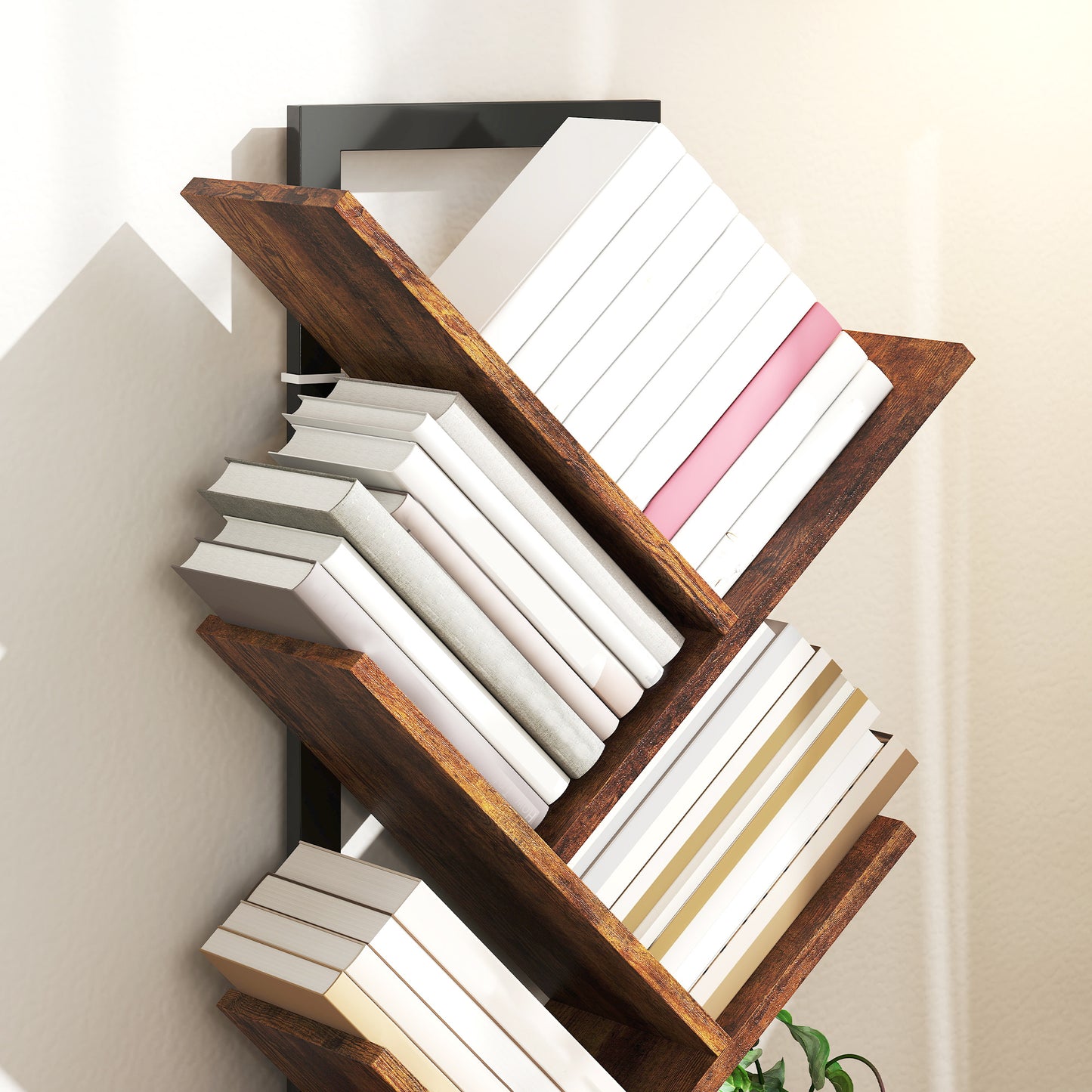Boekenplank – Boekenkast – Wandplank – Opbergkast – Rek – Smal En Hoog – Boomvormig Design – Rustiek Bruin Hout