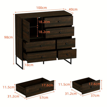 Ladekast – Ladenkast – Opbergkast – Dressoir – Commode – 6 Lades & 1 Deur – MDF Houtnerf – Compact Design 100x40x98 cm