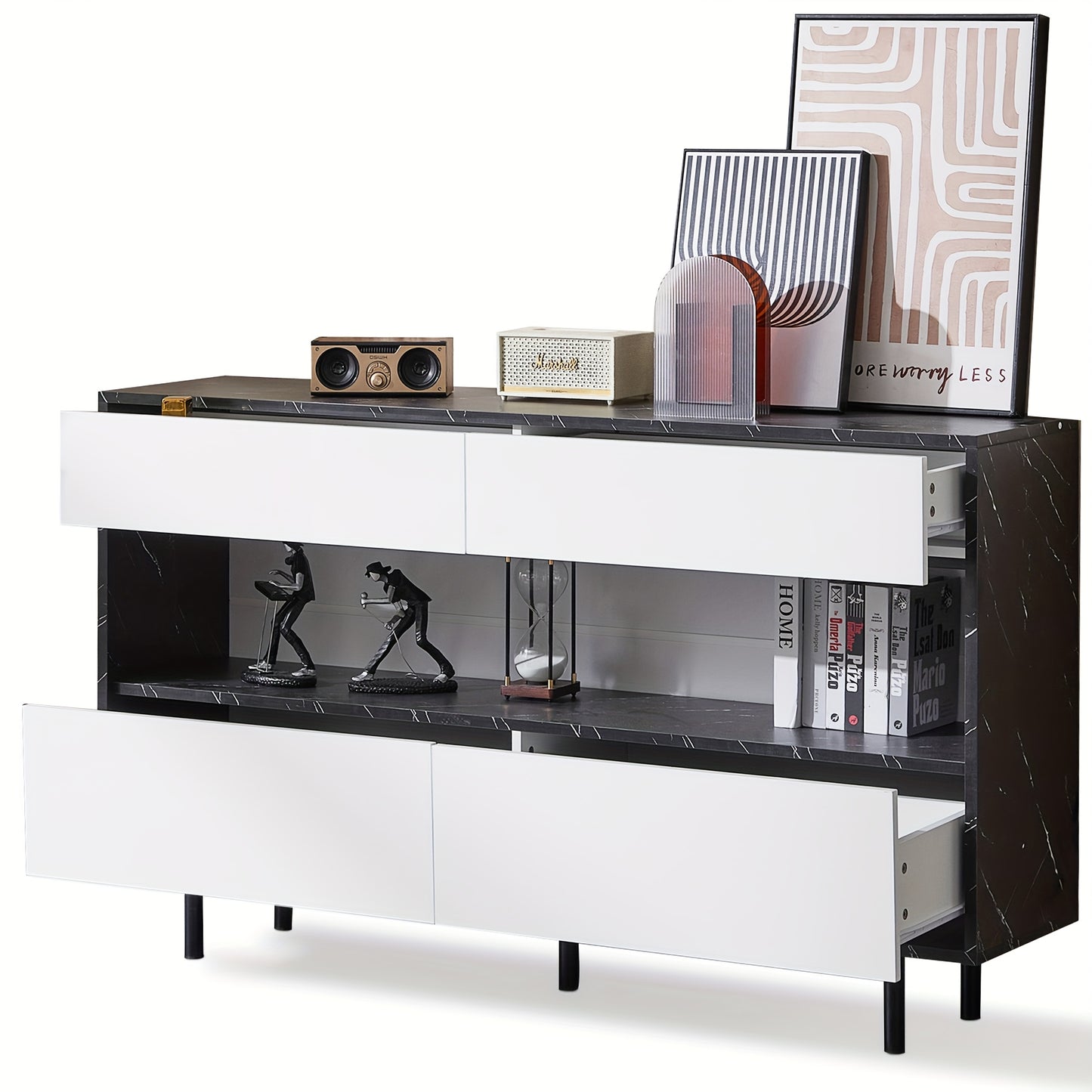 150 X 35 X 89.5 Cm Black Marble Design Sideboard With Open Storage Space, 4 Drawers, Sturdy Metal Frame And Anti-tilt Protection, Elegant Storage Furniture For The Kitchen And Living Room