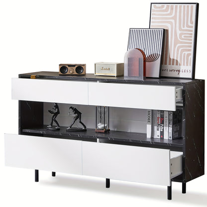 150 X 35 X 89.5 Cm Black Marble Design Sideboard With Open Storage Space, 4 Drawers, Sturdy Metal Frame And Anti-tilt Protection, Elegant Storage Furniture For The Kitchen And Living Room