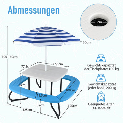 Kinderpicknicktafel – Kindertafel – Buitentafel – Speeltafel – Kindertuinmeubel – Voor 8 Kinderen – Weerbestendig HDPE – Verstelbaar Zonnescherm Blauw