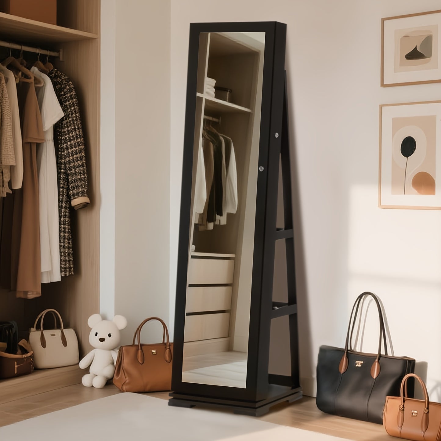 360° Draaibare Sieradencabinet – Sieradenkast – Make-up Organizer – Opbergkast – Sieradenrek – Volledige Spiegel – Duurzaam Houten Materiaal – Verticale Ruimtebesparende Stijl – Natuurlijke Houtkleur
