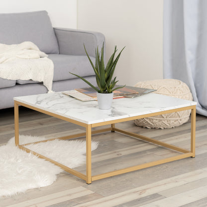 Salontafel – Koffietafel – Bijzettafel – Woonkamertafel – Lounge tafel – Gouden Marmerlook – Industrieel Metalen Frame – 80x80x34 cm – Eenvoudig Montage
