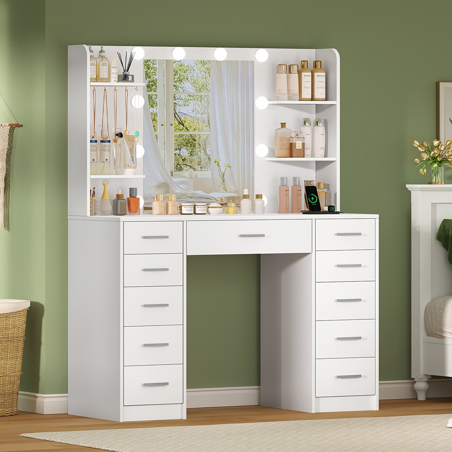 Kaptafel – Make-up Tafel – Dressing Table – Cosmeticatafel – Make-up Meubel – Wit – LED Verlichting – 11 Laden en Stopcontact