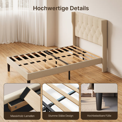 Bedframe – Bedombouw – Ledikant – Slaapbank – Bedbasis – Beige Kleur – Stevige Hardhout Metalen Constructie – 20 cm Opbergruimte Onder Bed
