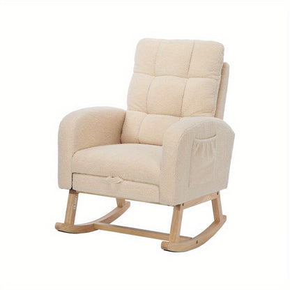 Schommelstoel – Relaxstoel – Fauteuil – Voedingsstoel – Loungestoel – Teddy Stof Bekleding – Stevig Houten Frame – 132x50x99 cm – Beige