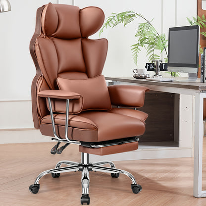 Bureaustoel – Ergonomische Stoel – Draaistoel – Office Chair – Executive Chair – Wit Kunstleder – 360° Draaibaar & Uitschuifbare Voetensteun