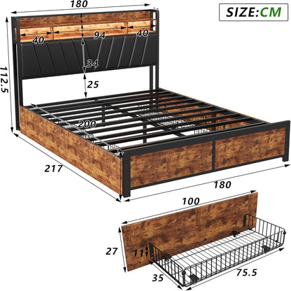 Bedframe – Bedbodem – Bedframe Met Laden – Bedombouw – Bed Met Opbergruimte – 180x200 cm – LED Verlichting Met USB Opladen – Zwart Met 4 Laden