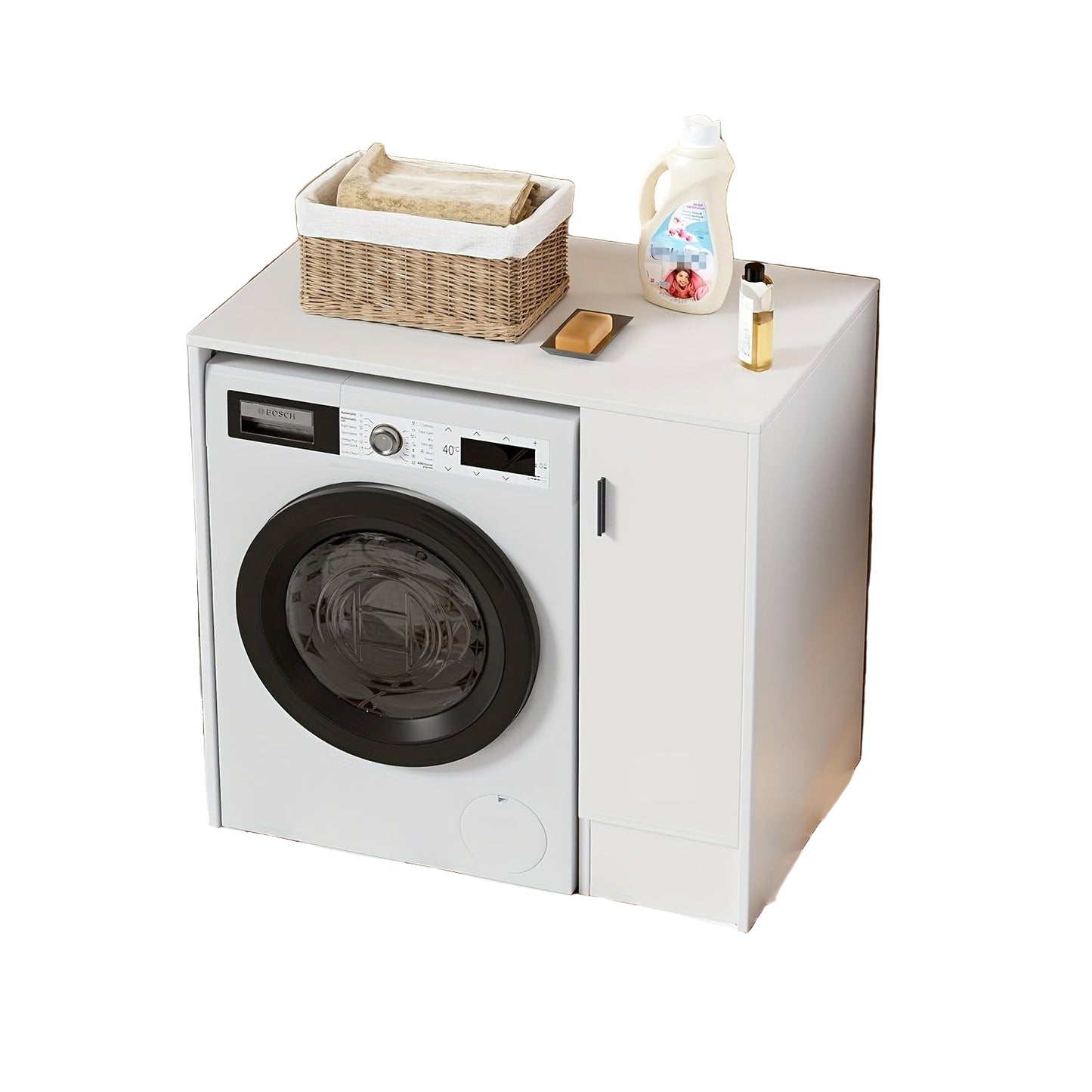 Wasmachinekast – Drogerkast – Wasdrogermeubel – Wasruimteopberger – Waskamerkast – Wit Houtdesign – 96x62x90 cm – Zijopbergruimte – Geluidsdempend