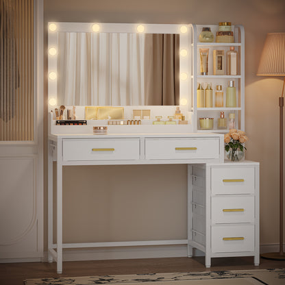 Kaptafel – Make-up Tafel – Dressing Table – Vanity Table – Toilet Tafel – Wit – Grote Spiegel – 5 Lades & 5 Open Vakken – Compact & Functioneel – 40x110x141 cm