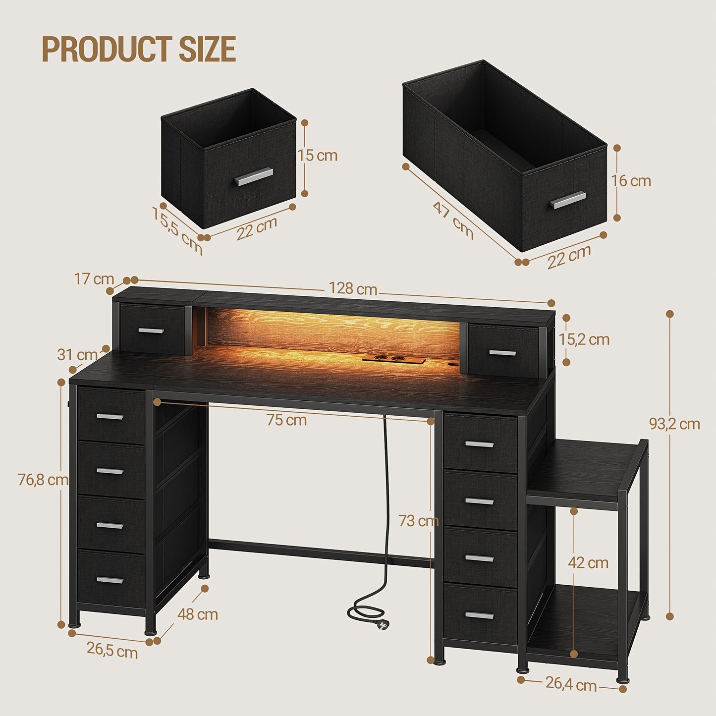 Gamingbureau – Computerbureau – Game Desk – Bureau – Bureautafel – RGB LED Verlichting – 156x48x91,5 cm – 10 Lades Met Monitorstandaard