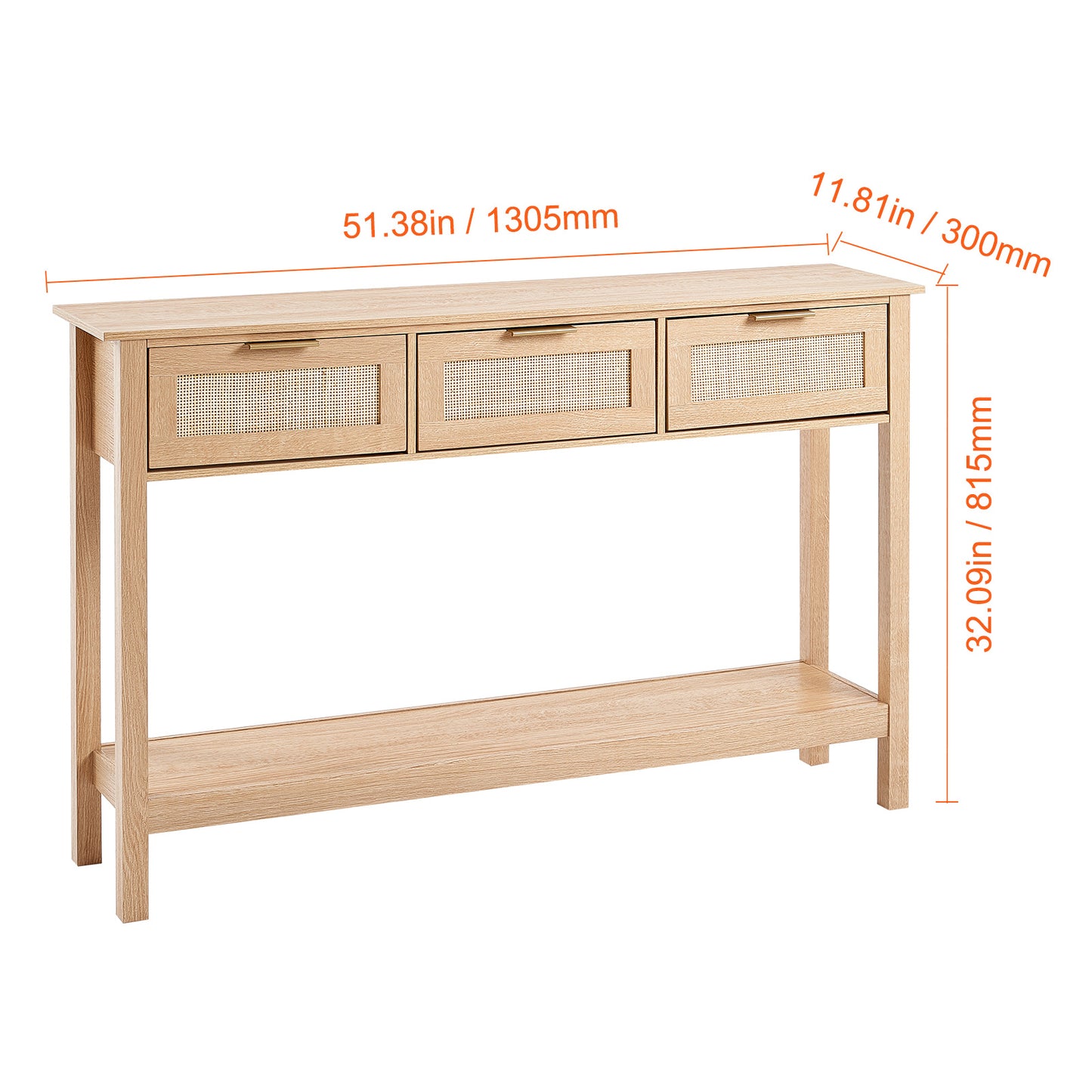 Rattan Sidetable – Wandtafel – Opbergtafel – Haltafel – Bijzettafel – Natuurlijk Rattan & Houten Blad – 3 Lades & Open Plank