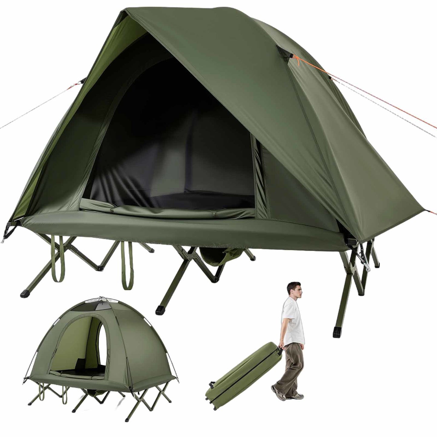 2-Persoons Campingbed – Camping Cot – Kampeerbed – Tentbed – Opvouwbaar Tweepersoons Bed – Waterdichte Regenhoes – Verhoogd Slaapbed Met Ritsbare Ventilatiedeuren – Met Wieltas – Groen