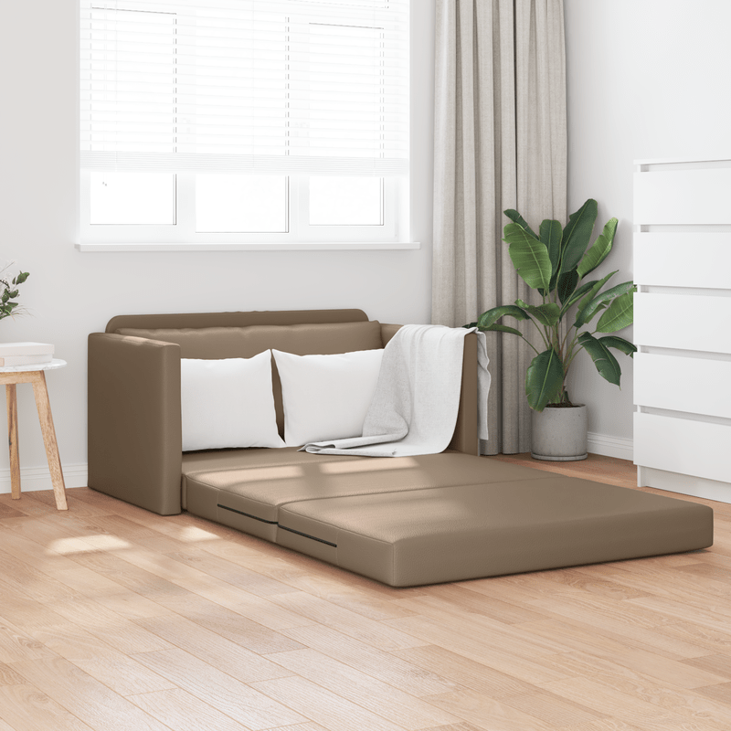 Bankbed – Slaapbank – Bedbank – Slaapbank met Chaise Longue – Loveseat – Ruimtebesparend Design – Massief Houten Frame en Metalen Ondersteuning – 124x71x78 cm – Cappuccino Synthetisch Leer