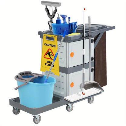 Schoonmaakkar – Schoonmaaktrolley – Schoonmaakwagen – Poetskar – Poetswagen – 2 Kastjes & 3 Planken – Draagvermogen 136 kg – 6 Zwenkwielen – Duurzaam PP Materiaal – Afneembare Vinyl Tas – Ergonomisch Handvat