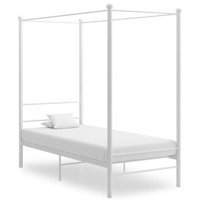 Modern White Metal Four-Poster Bed Frame with Curved Headboard & Footboard - Twin Size (90x200cm), Sturdy All-Metal, Easy Assembly, Low-Maintenance Minimalist Bed for,, Small s - Durable Non-Wood Furniture