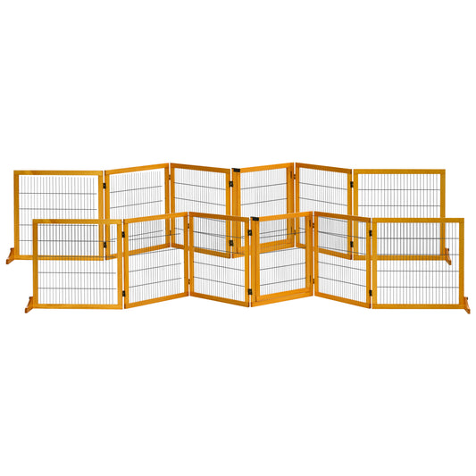 Hondenhekje – Hondenhek – Huisdierhek – Traphekje – Dierenhek – Modulair Inklapbaar Design – Massief Dennenhout met Stabiele Voeten – 432 x 36 x 70 cm – Geel