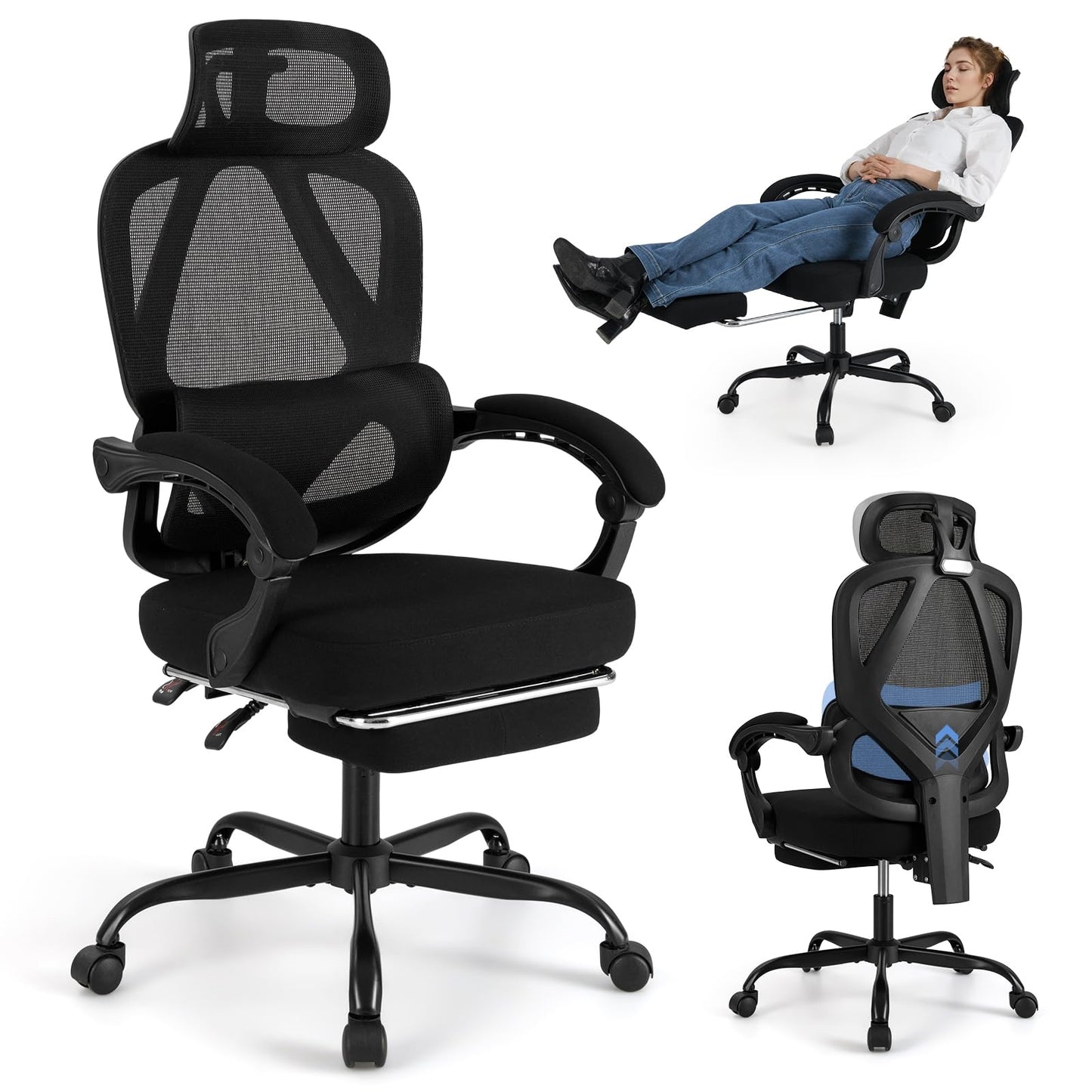 Ergonomische Bureaustoel – Bureaustoel – Werkstoel – Computestoel – Draaistoel – Uitschuifbare Voetsteun – Verstelbare Rugleuning & Hoofdkussen – Ademend Mesh Materiaal