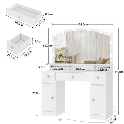 Kaptafel – Make-uptafel – Beautytafel – Toiletmeubel – Dressoir – Wit – Driedelige Vouwspiegel – 10 LED Lampen en Stopcontacten