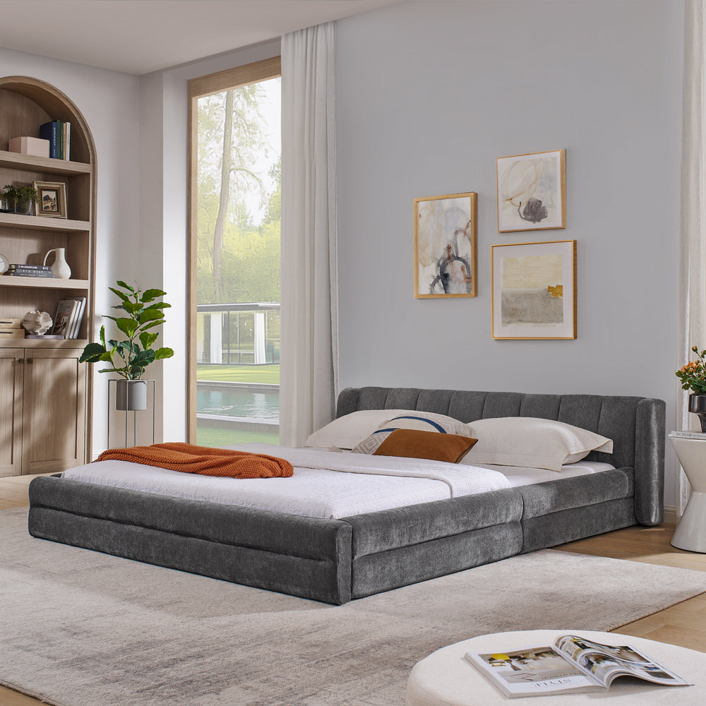 Double bed 160×200cm, chenille fabric, comfortable backrest, solid eucalyptus wood and iron frame, easy to assemble, dark grey/beige (mattress not included), Day Bed With Mattress Included, King Size Bed Frame, Bunk Beds Wit