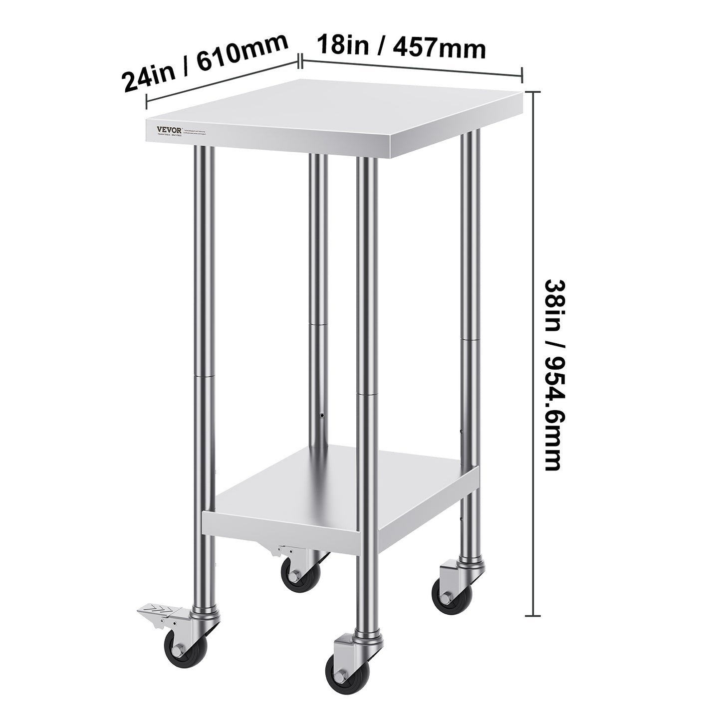 RVS Werktafel – Werkbank – Inrichtingskast – Keukentafel – Werkbanktafel – Verstelbare Planken – 4 Zwenkwielen Met Remmen