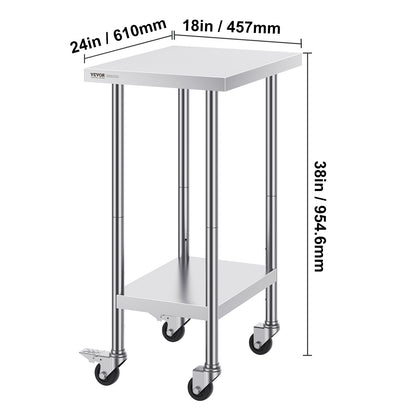 RVS Werktafel – Werkbank – Inrichtingskast – Keukentafel – Werkbanktafel – Verstelbare Planken – 4 Zwenkwielen Met Remmen