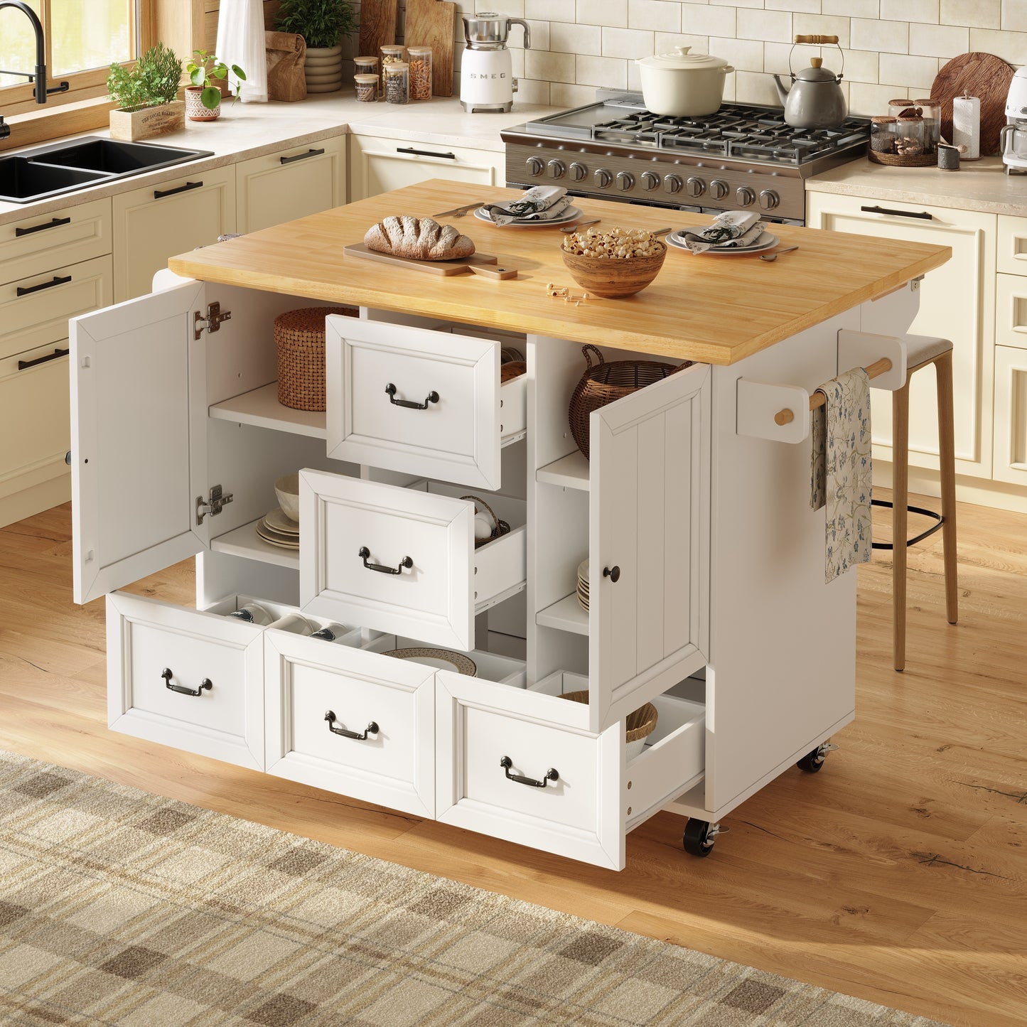 Keukeneiland – Keukentrolley – Servierwagen – Werkblad – Opbergmeubel – Uitklapbare Tafelplaat – 5 Lades & 2 Kasten – Mobiel Met Wielen – Wit