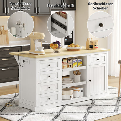 Sideboard, Kitchen Island, Wine Cabinet with 5 Drawers, 2 Pull-Out Shelves, Foldable Extension, Suitable for Kitchen, Dining Room, and Living Room, White, 150×65×75cm,  Spacesaving Furniture, Modern Sideboard, Minimalist Fu