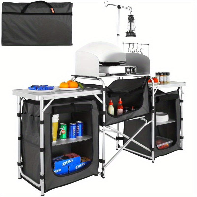 Folding Outdoor Cooking Table with Storage Carrying Bag Aluminum Camp Kitchen Station with Cupboards and Detachable Windscreen Quick Setup for Picnics BBQ RV Travel Black