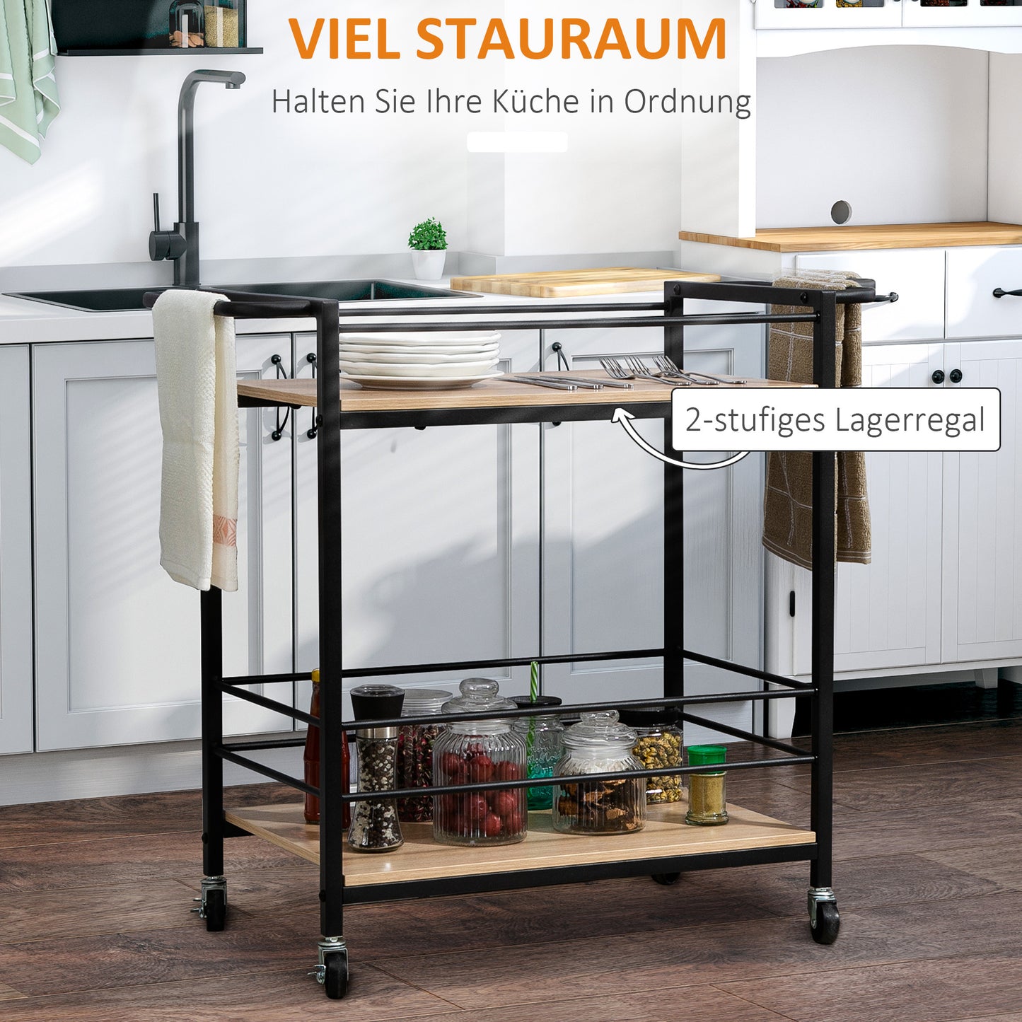 Keukenwagen – Serveerwagen – Keukentrolley – Opbergwagen – Werkwagen – Naturel Houtvariant – Stevig Staalframe – Compact 82x40x75 cm