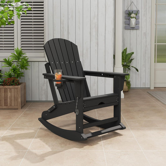 Folding Adirondack Rocking Chair with Footrest | Outdoor, Retractable Ottoman, Cup Holder, Polished FRP Frame, Mesh Fabric, Spot-clean Care